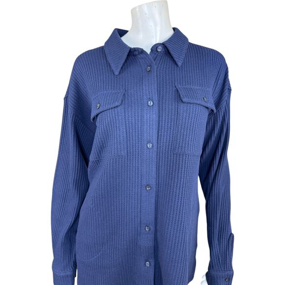 Denim & Co. Sherpa Waffle Knit Shirt Jacket Navy Small NWOT Winter Casual Pocket - Picture 4 of 14